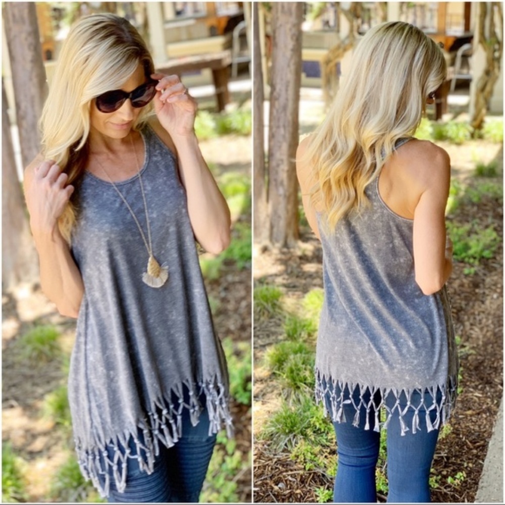LAST ONE Charcoal Acid Wash Fringe Racer Back Tank - Picture 2 of 3